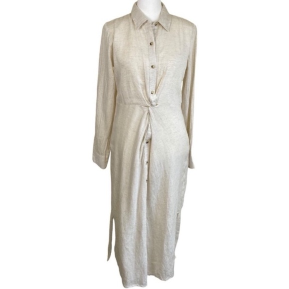 Sim & Sam Linen Blend Midi Dress Twist Button Front Neutral Color Sz S NWT - Picture 3 of 16